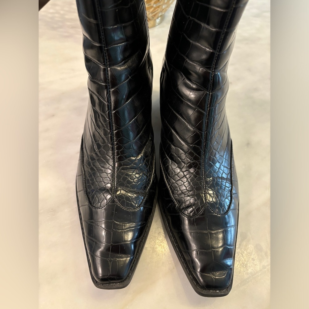 EUC Zara Black Faux Croc Embossed Square-Toed Ankle Boots Size 40/9 - Picture 2 of 8